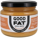 A 280g glass jar of Good Fat Chilli Mayo by Undivided Food Co. featuring a black lid and a white and orange label.