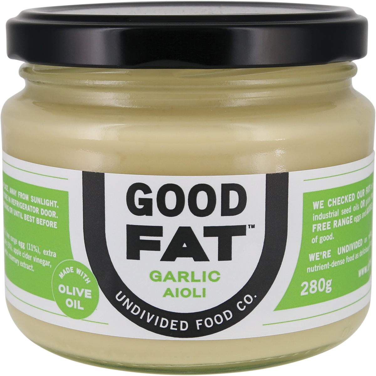 A glass jar of Good Fat Garlic Aioli with a black lid and a white and green label, photographed on a clean white background.