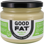 A glass jar of Good Fat Garlic Aioli with a black lid and a white and green label, photographed on a clean white background.