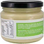 A jar of egg yolks with a black lid, showing the front and back of its white and green label with nutritional information and storage instructions.