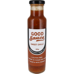 A bottle of Good Sauce Sweet Chilli sauce with a black cap and a white label featuring brown text, shown on a clean white background.