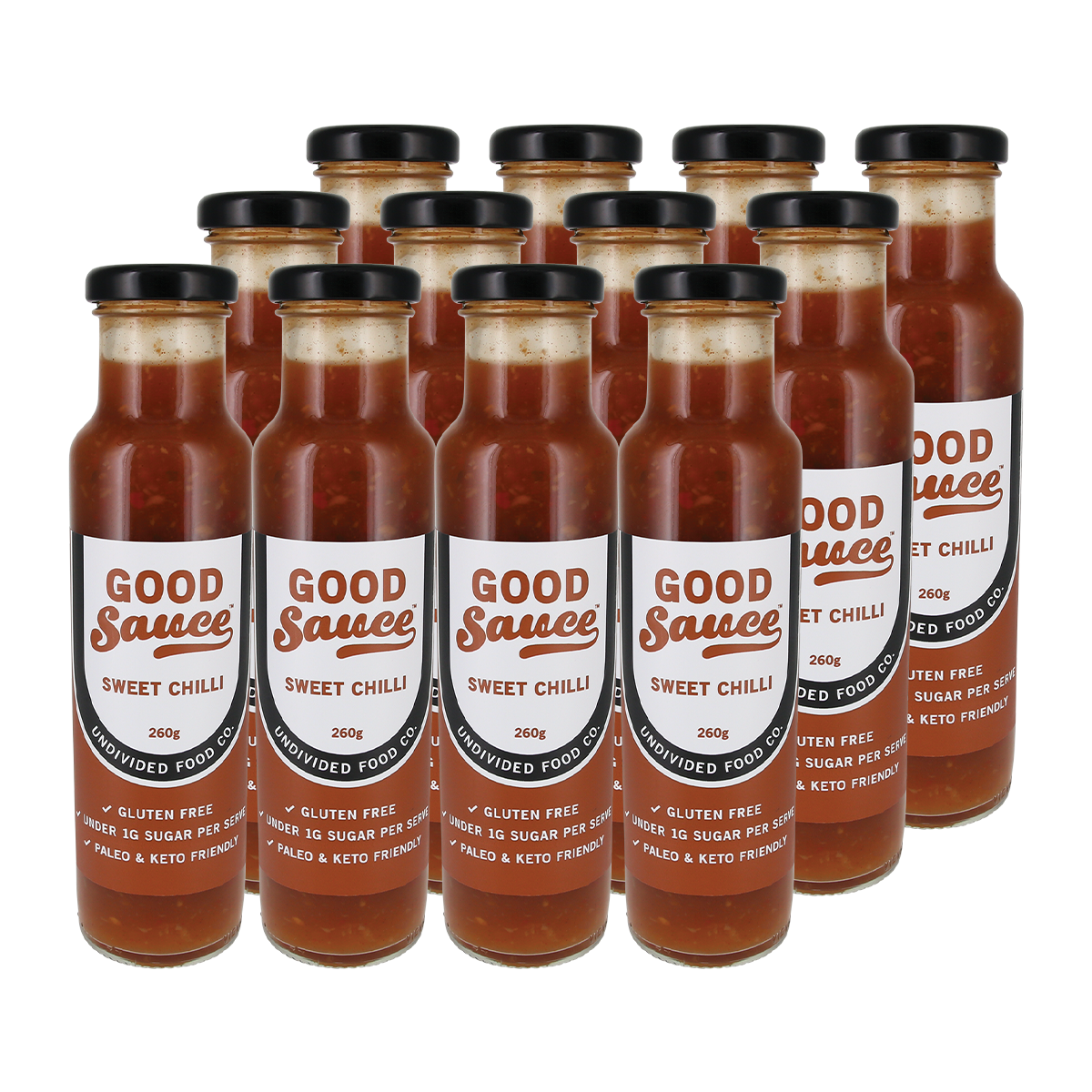 A pack of ten glass bottles of Good Sauce Sweet Chilli sauce arranged in two rows on a white background. Each bottle has a black cap and a white label with red and black text.
