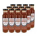 A pack of ten glass bottles of Good Sauce Sweet Chilli sauce arranged in two rows on a white background. Each bottle has a black cap and a white label with red and black text.