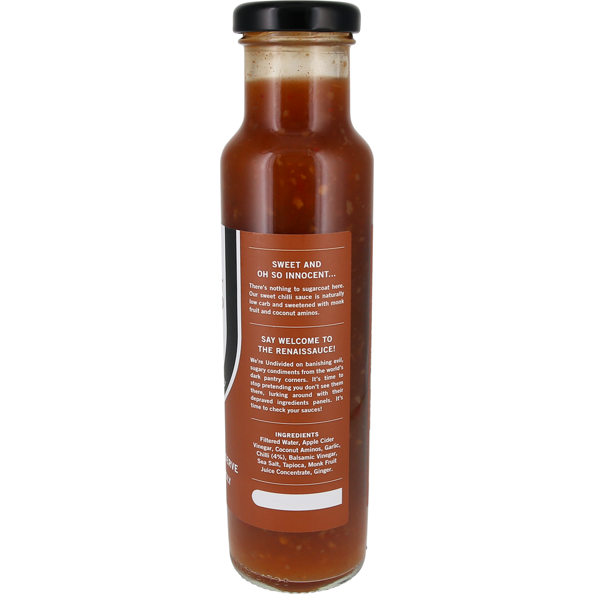 A glass bottle of hot sauce with a black cap and a brown label, photographed against a plain white background.