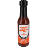 A 150mL bottle of Good Sauce Hot Habanero sauce from Univdivided Food Co. The bottle is made of clear glass showing the reddish-brown habanero sauce inside, topped with a black cap and featuring a white and orange label.