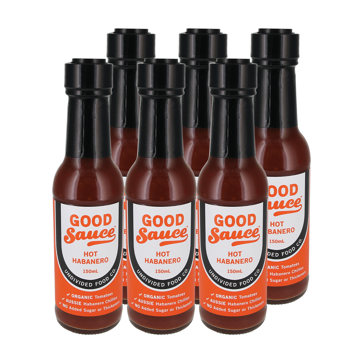 Six bottles of Good Sauce Hot Habanero chili sauce arranged in two rows on a plain white background.