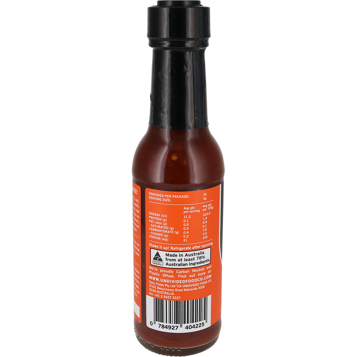 Back view of a bottle of Jinyi Shady Pepper Sauce, showing the orange nutrition label and barcode against a white background.