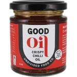 A glass jar of Good Oil Crispy Chilli Oil by Undivided Food Co., featuring a red and white label with a black lid, shown on a white background.