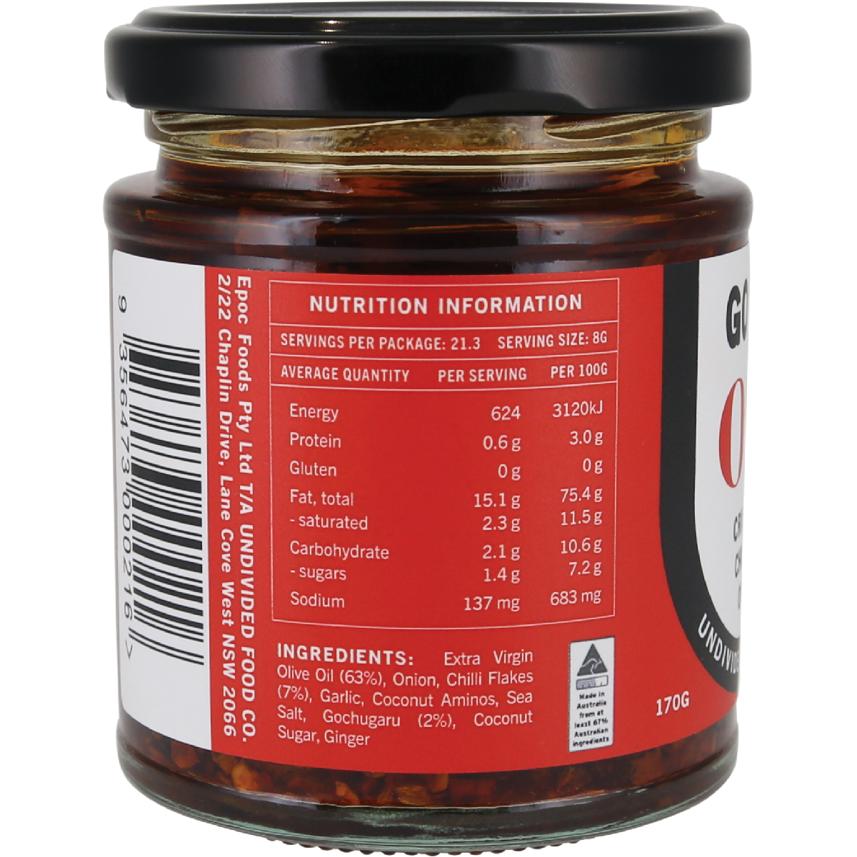 A jar of food product shown from the back, featuring a black lid and a red nutrition information label with a barcode and ingredient list.