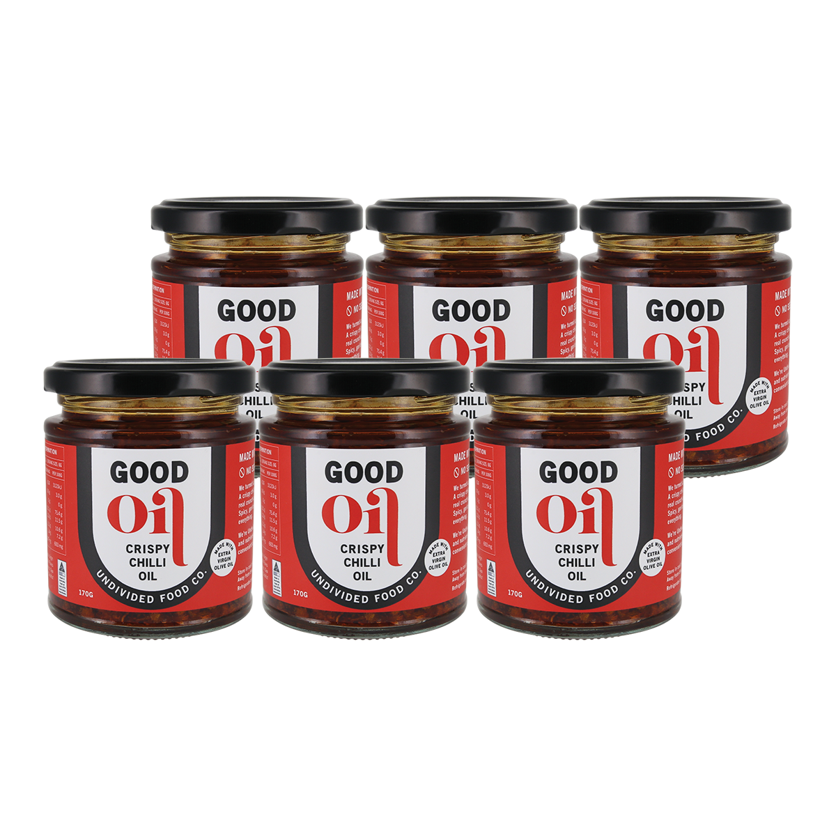 Six glass jars of Good Oil Crispy Chilli Oil arranged in two rows on a plain white background. Each jar has a black lid and a red-and-white label with the brand name GOOD OIL and product name CRISPY CHILLI OIL.