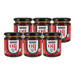 Six glass jars of Good Oil Crispy Chilli Oil arranged in two rows on a plain white background. Each jar has a black lid and a red-and-white label with the brand name GOOD OIL and product name CRISPY CHILLI OIL.