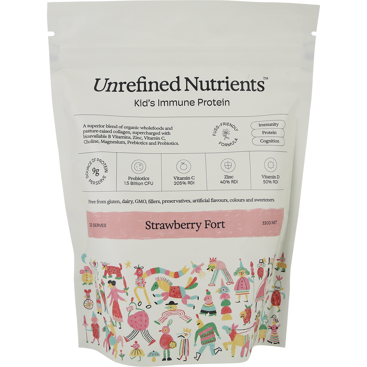 Unrefined Nutrients Kid's Immune Protein Strawberry Fort 330g