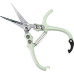Green ergonomic garden snips with a needle-nose tip and green handles on a white background.
