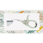Retail box for Urban Greens Garden Snips with needle-nose tip and ergonomic green handles on a white background.