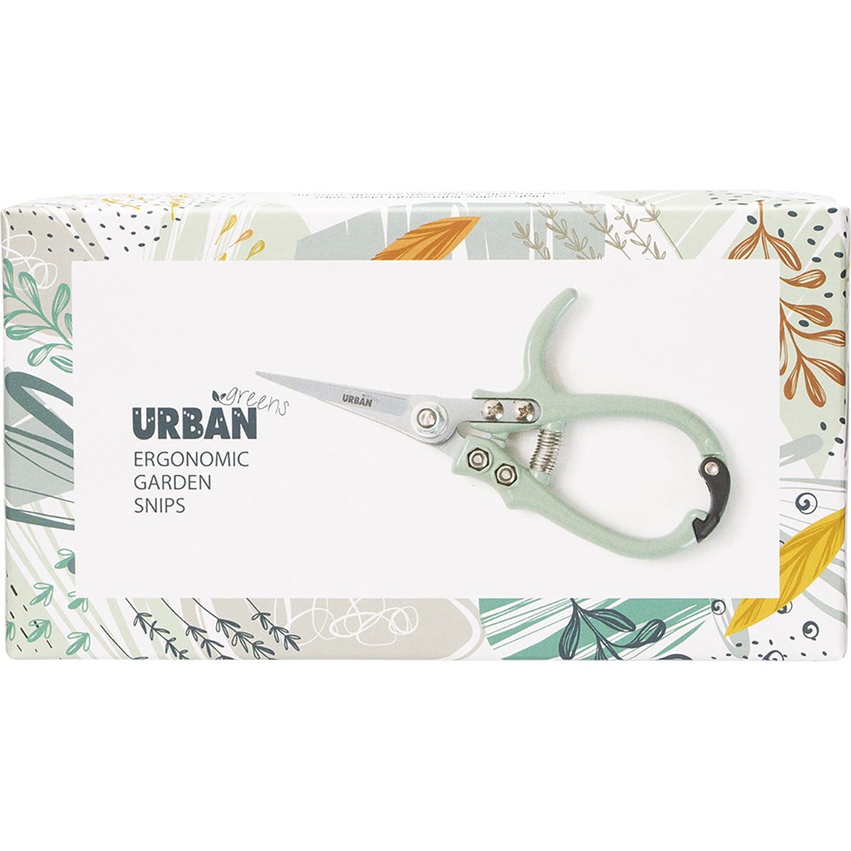 Retail box for Urban Greens Garden Snips with needle-nose tip and ergonomic green handles on a white background.