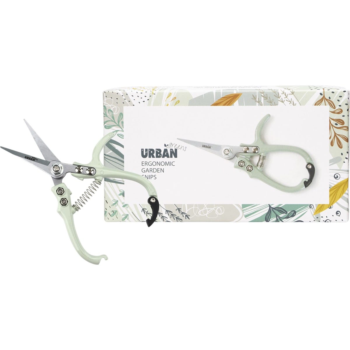 Urban Greens ergonomic garden snips and a retail box featuring a needle-nose tip and green handles on a white background.