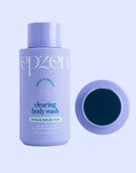 Blue and white bottle of Epzen Clearing Body Wash featuring AHAs and salicylic acid for clear skin.