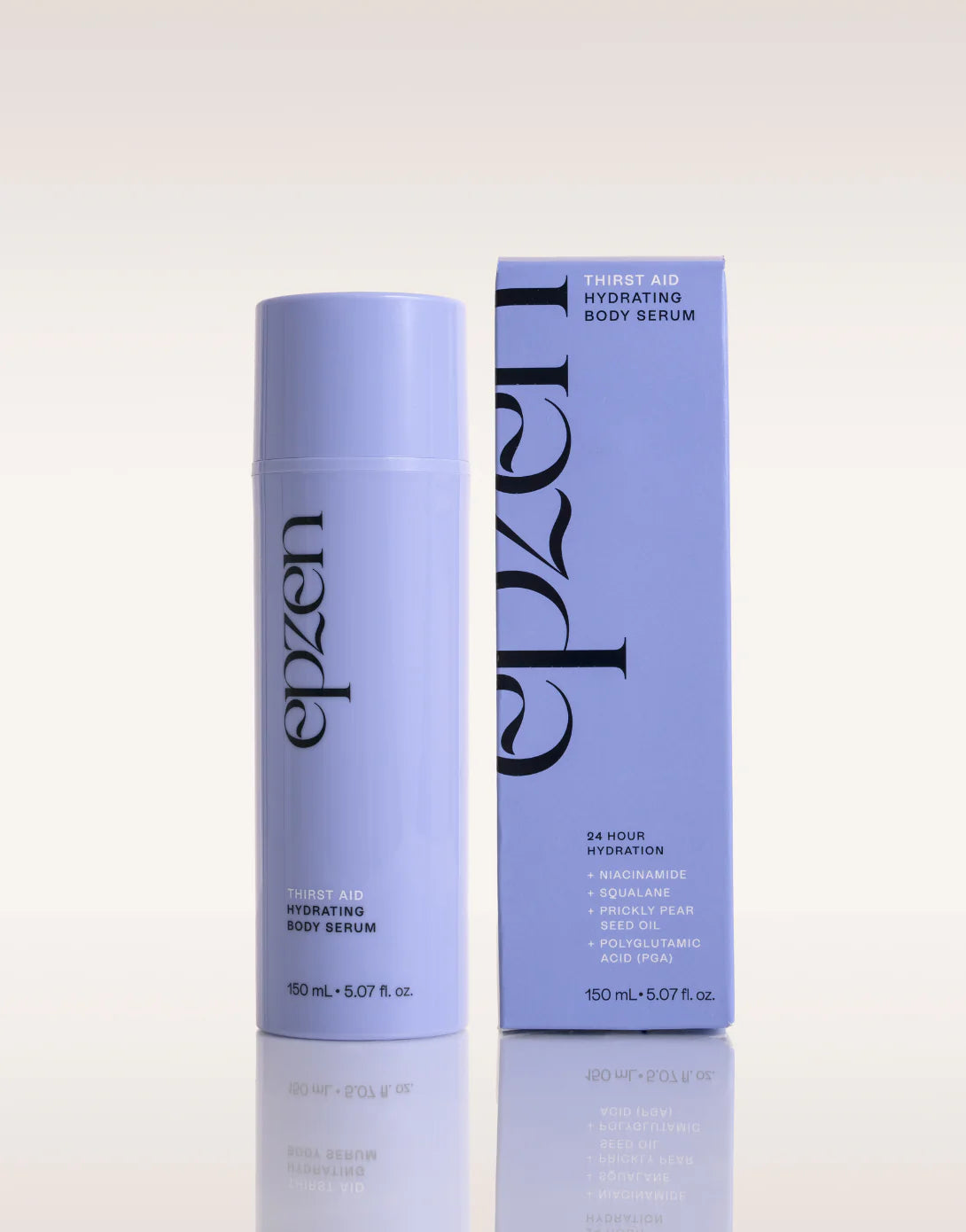 Close-up of a person applying clear Epzen Hydrating Body Serum to their leg for 24-hour moisture.