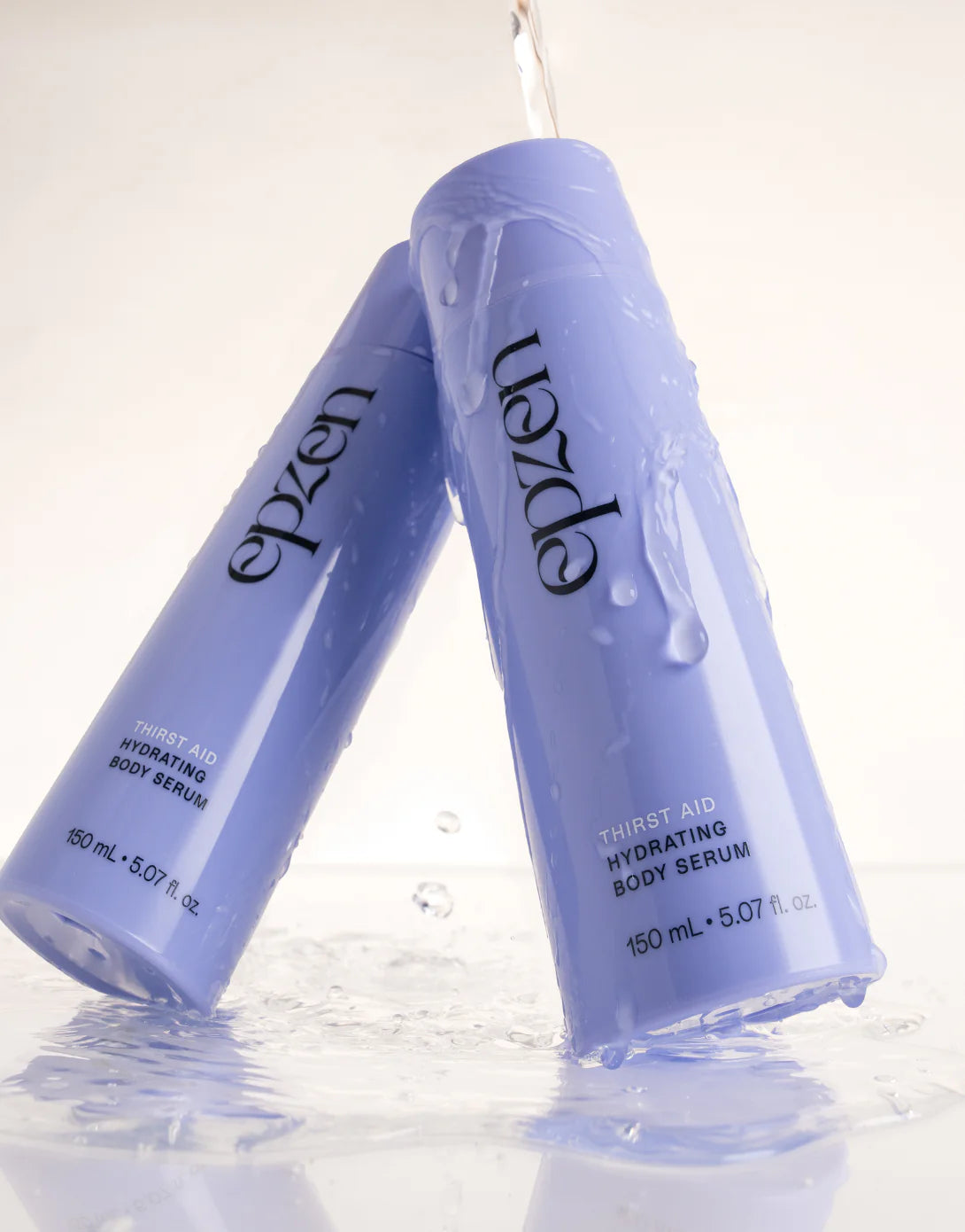 Model and box for Epzen Hydrating Body Serum 150ml featuring niacinamide, squalane, and prickly pear seed oil.