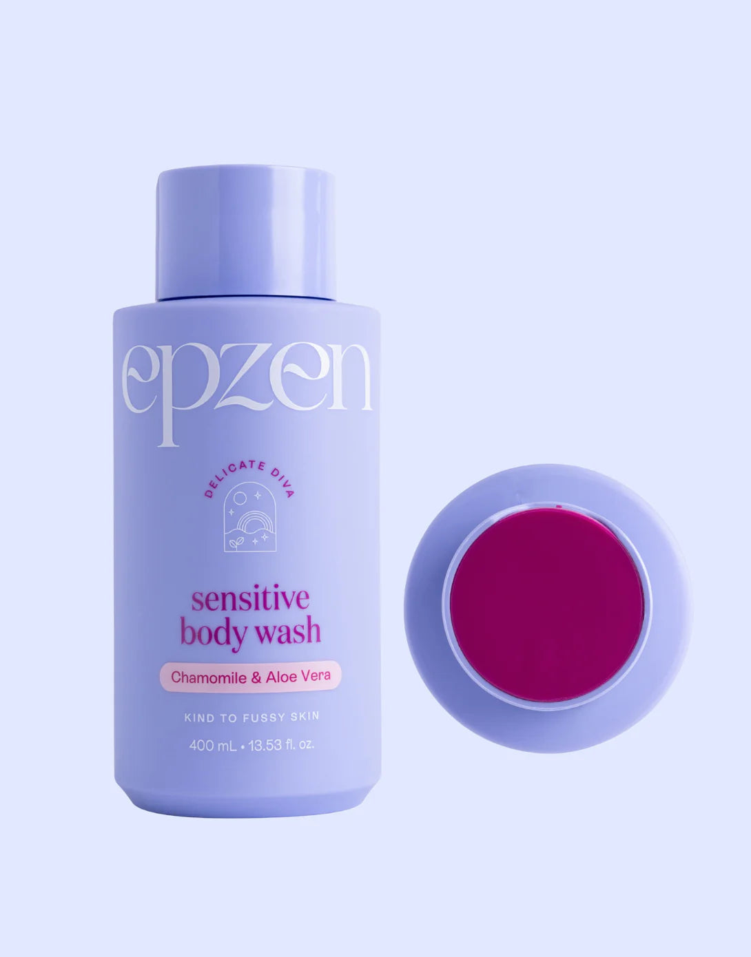 Close-up of a person's hand holding a 400ml pump bottle of Epzen Sensitive Body Wash against a white background.