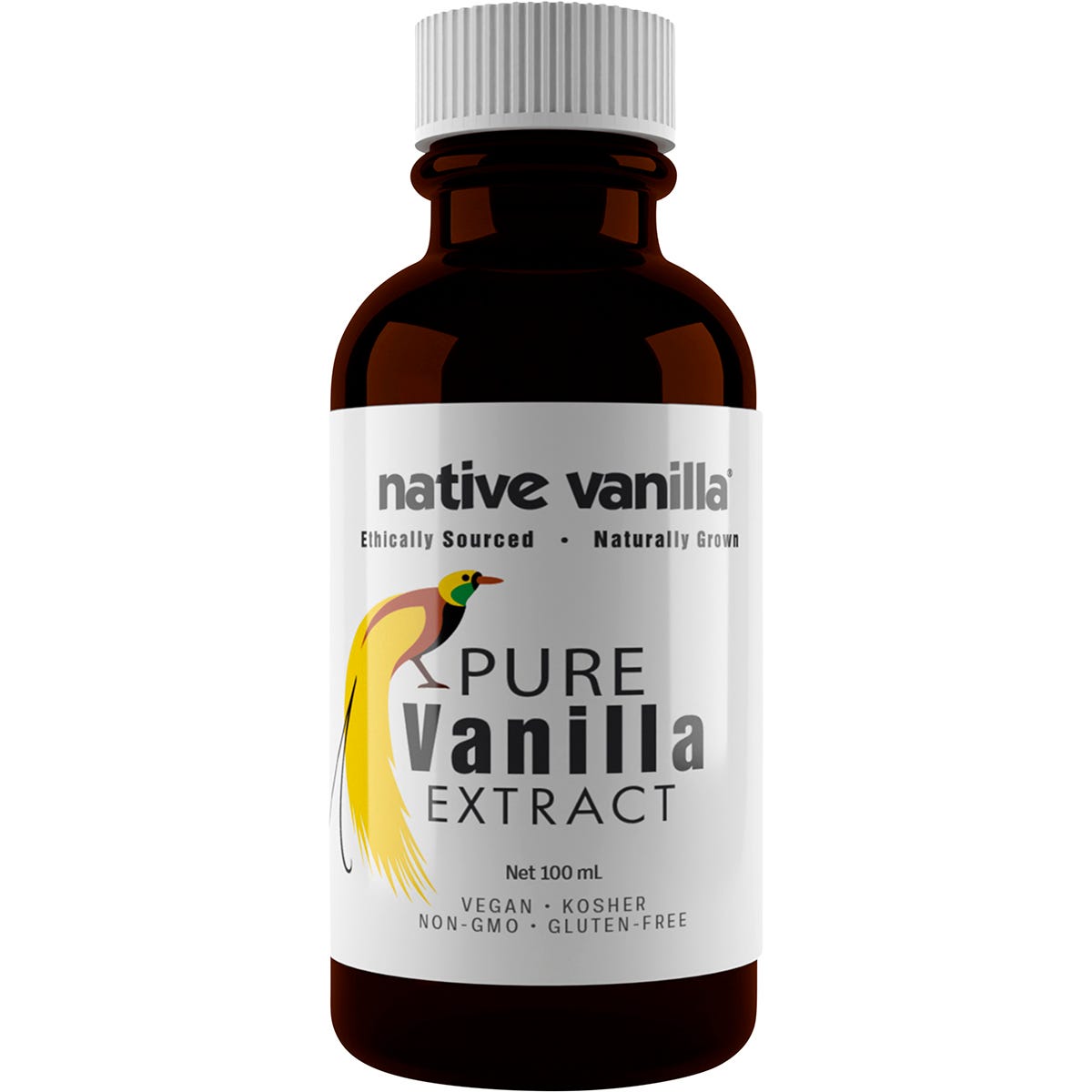 Native Vanilla Pure Vanilla Extract 100ml in an amber glass bottle with a white and gold label.