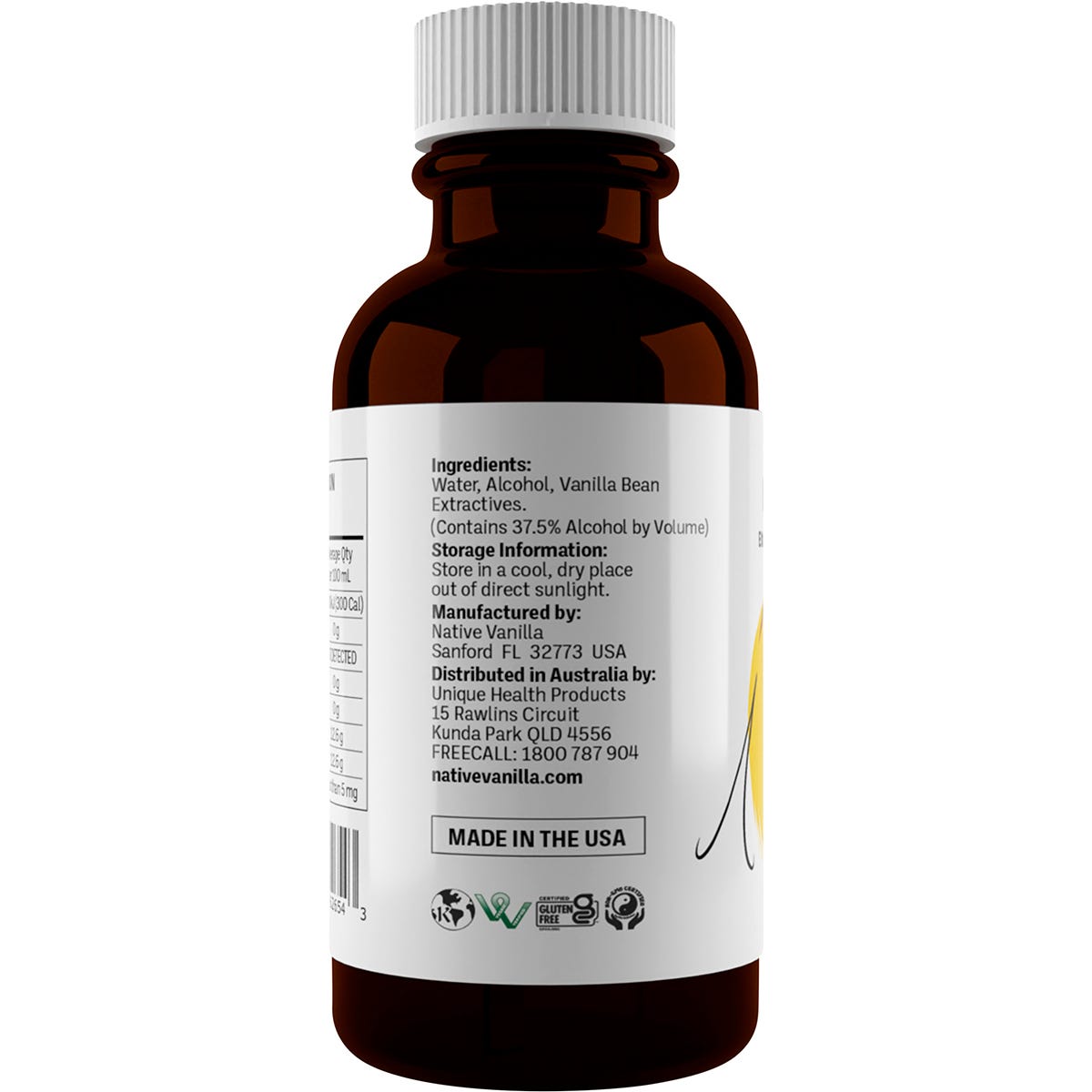 Side view of a 100ml Native Vanilla Pure Vanilla Extract amber glass bottle with a white and gold label.