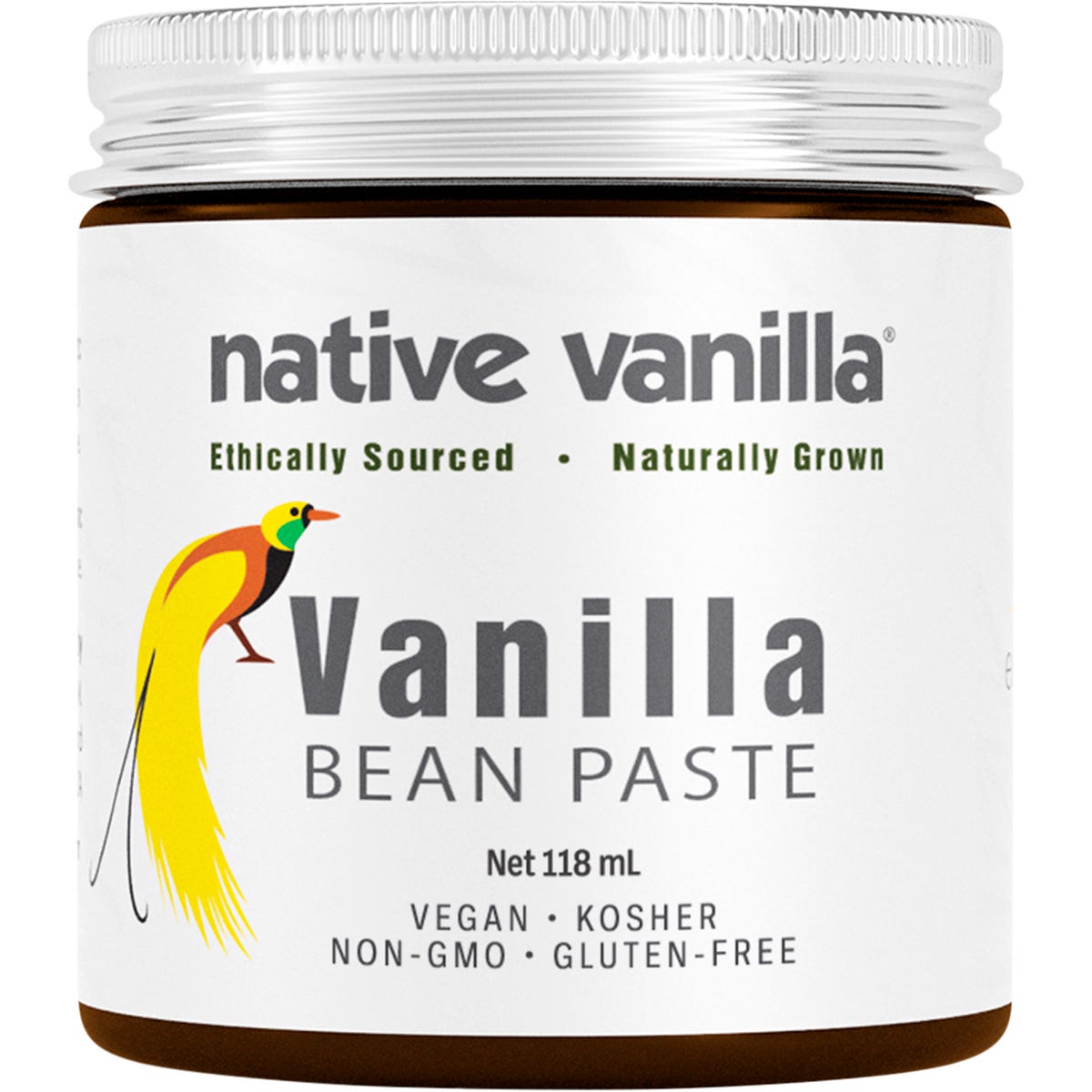Native Vanilla 118ml glass bottle of Pure Vanilla Bean Paste with a black screw cap on a white background.
