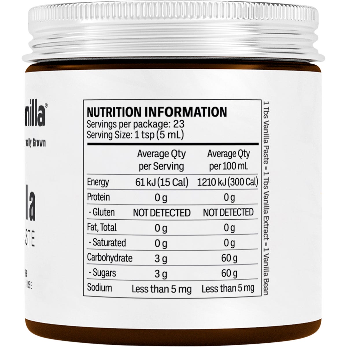 Right side of Native Vanilla 118ml Vanilla Bean Paste glass bottle showing supplemental facts and a barcode.