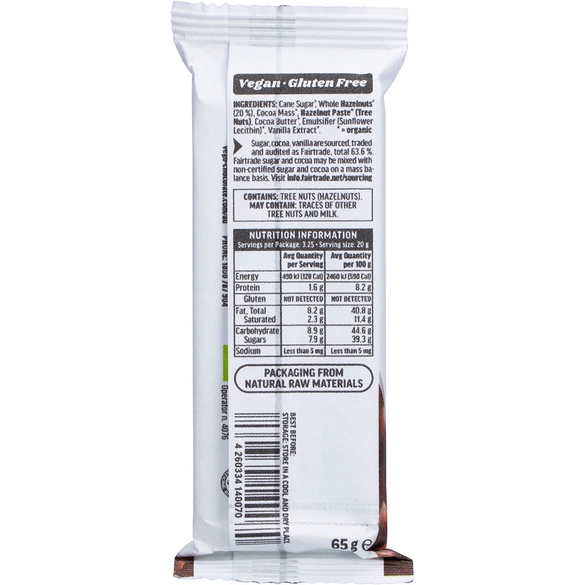 Back of Vego Mini Hazelnut Chocolate Bar 65g wrapper showing nutrition facts, ingredients, and organic certification.