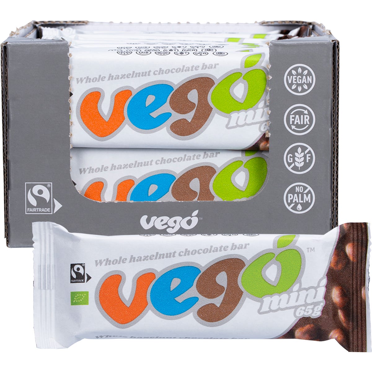 Vego Mini Whole Hazelnut Chocolate Bar 65g pack of 20 with one bar unwrapped showing whole hazelnuts.