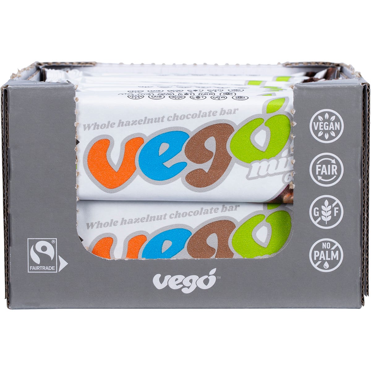 Vego Whole Hazelnut Chocolate Bar 65g 20-pack retail display box on a white background.
