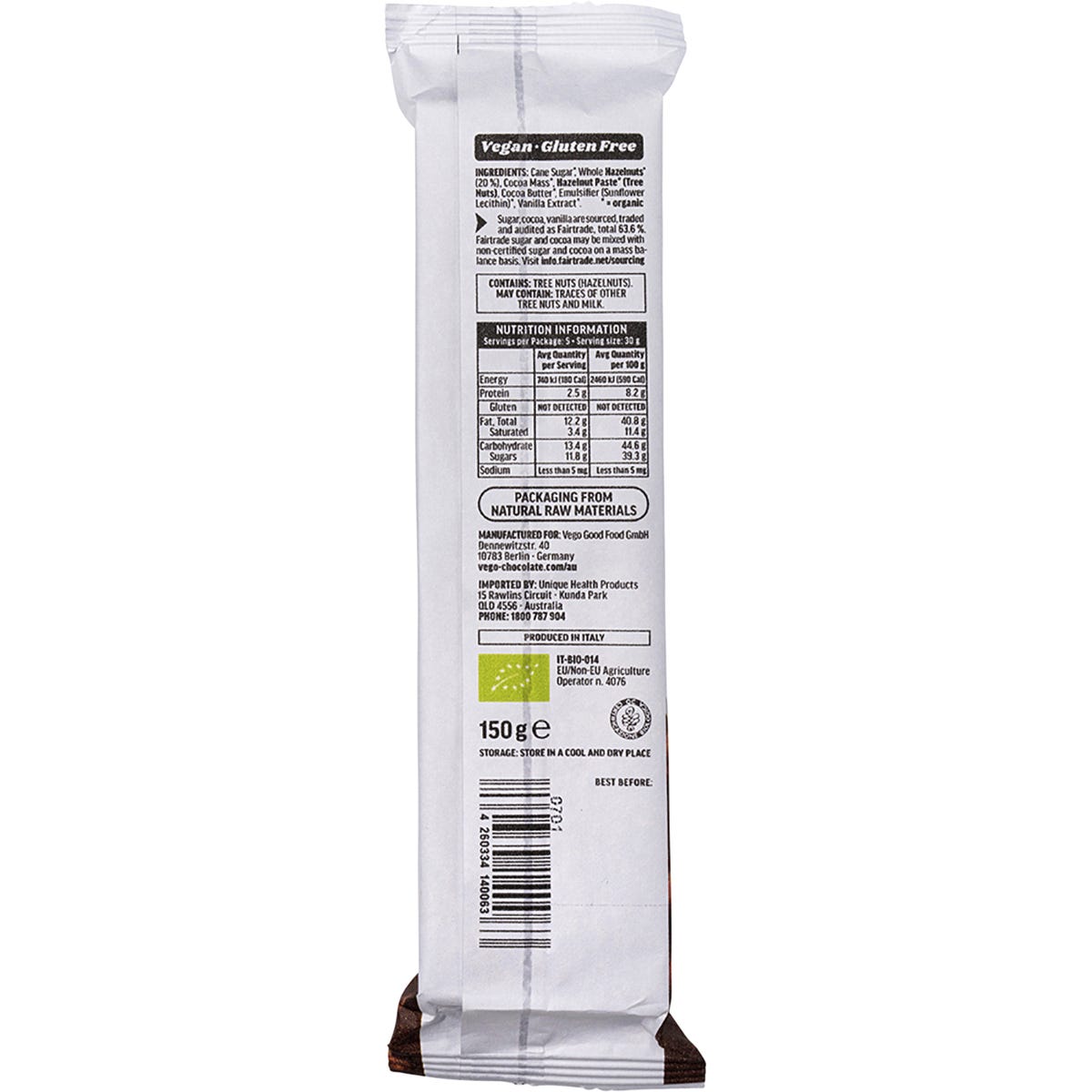 Back of a Vego 150g Whole Hazelnut Chocolate Bar wrapper showing nutrition facts, ingredients, and Fairtrade logo.
