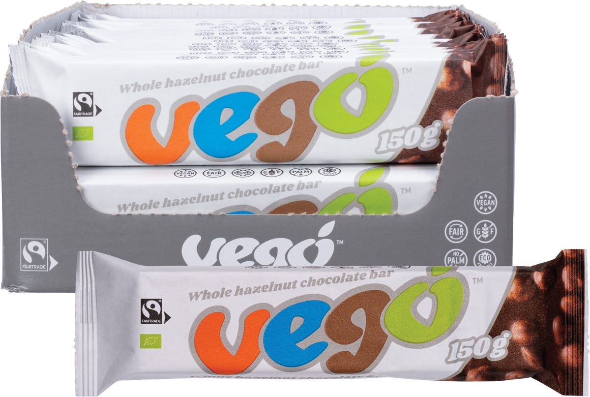 20-pack of Vego 150g Whole Hazelnut Chocolate Bars with one unwrapped bar showing large roasted nuts.