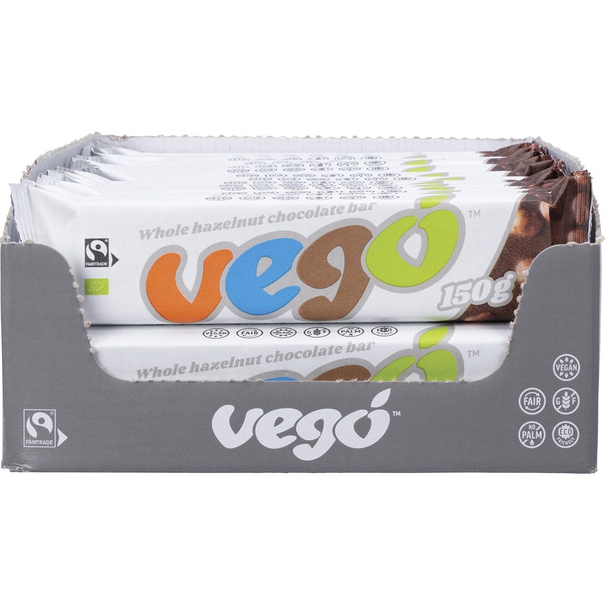Vego Whole Hazelnut Chocolate Bar 150g retail display box containing 20 individually wrapped bars.
