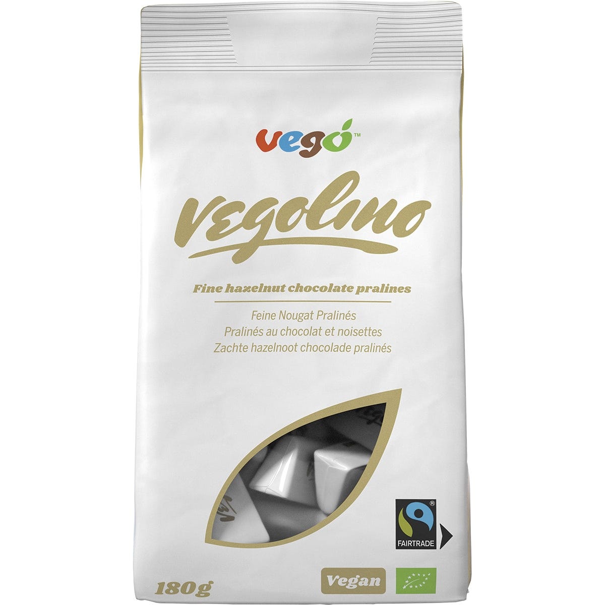180g bag of Vego Vegolino Fine Nougat Pralines, featuring smooth, creamy vegan hazelnut chocolates.
