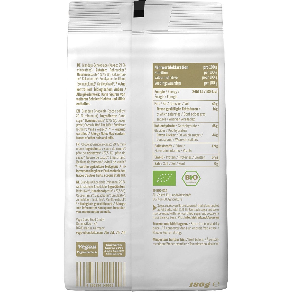 Back of Vego Vegolino 180g bag with ingredients, nutrition facts, and organic certification details.