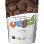 180g bag of Vego Fine Hazelnut Chocolate Melts, featuring button-sized vegan chocolate drops on a white background.