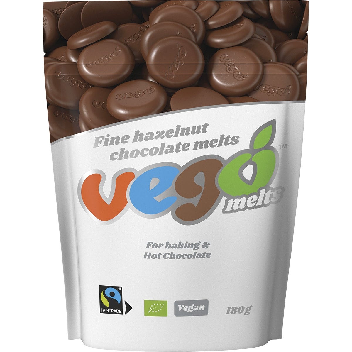 180g bag of Vego Fine Hazelnut Chocolate Melts, featuring button-sized vegan chocolate drops on a white background.