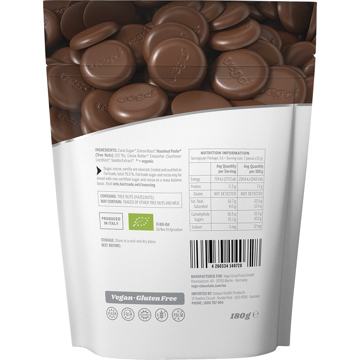 Back of Vego Hazelnut Chocolate Melts 180g bag with nutrition facts, organic ingredients, and usage instructions.