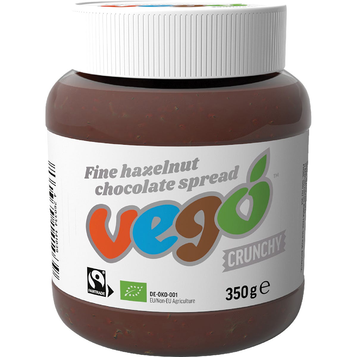 350g jar of Vego Crunchy Hazelnut Chocolate Spread with a white lid and organic Fairtrade labels.