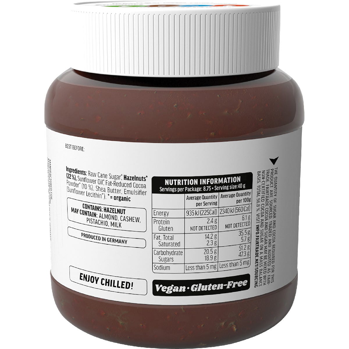 Back of Vego Crunchy Hazelnut Chocolate Spread jar with nutrition facts, ingredients, and organic labels.