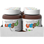 Retail display box and a 350g jar of Vego Crunchy Hazelnut Chocolate Spread on a white background.