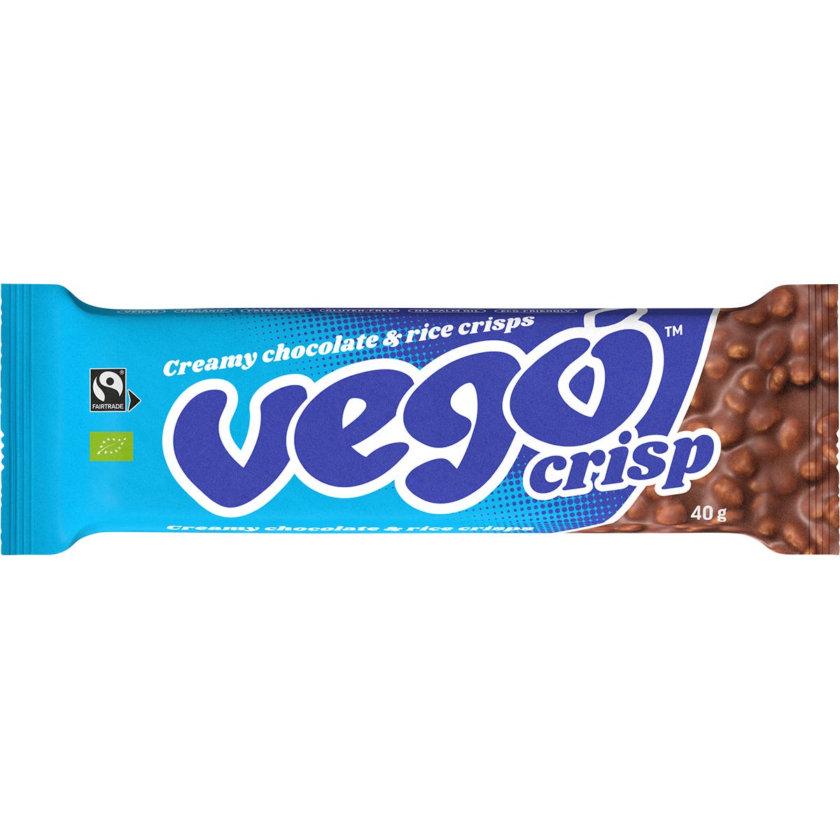 40g Vego Crisp bar with creamy chocolate, rice crisps, and hazelnut paste on a white background.