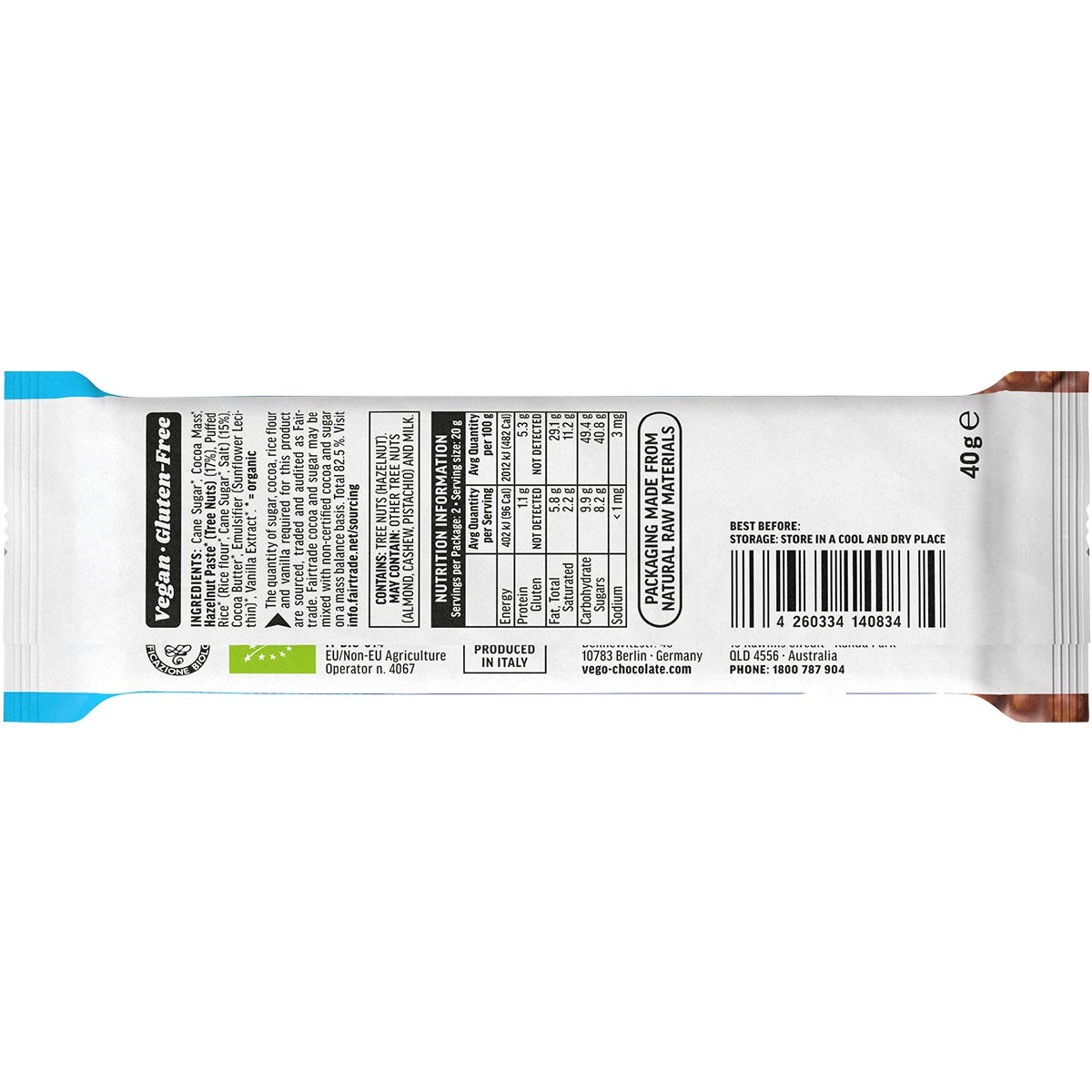 Back of a Vego Crisp Chocolate Bar 40g wrapper showing nutrition facts, ingredients, and organic certifications.