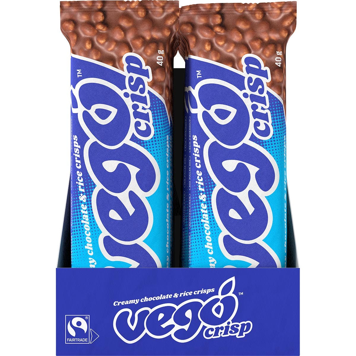A 20-pack retail display box of Vego Crisp creamy chocolate and rice crisp bars on a white background.