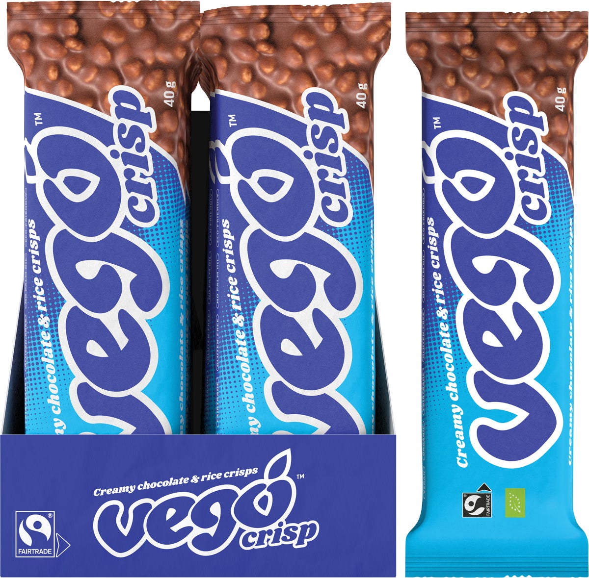 20-pack box and single 40g bar of Vego Crisp Creamy Chocolate and Rice Crisps with hazelnut paste and organic ingredients.