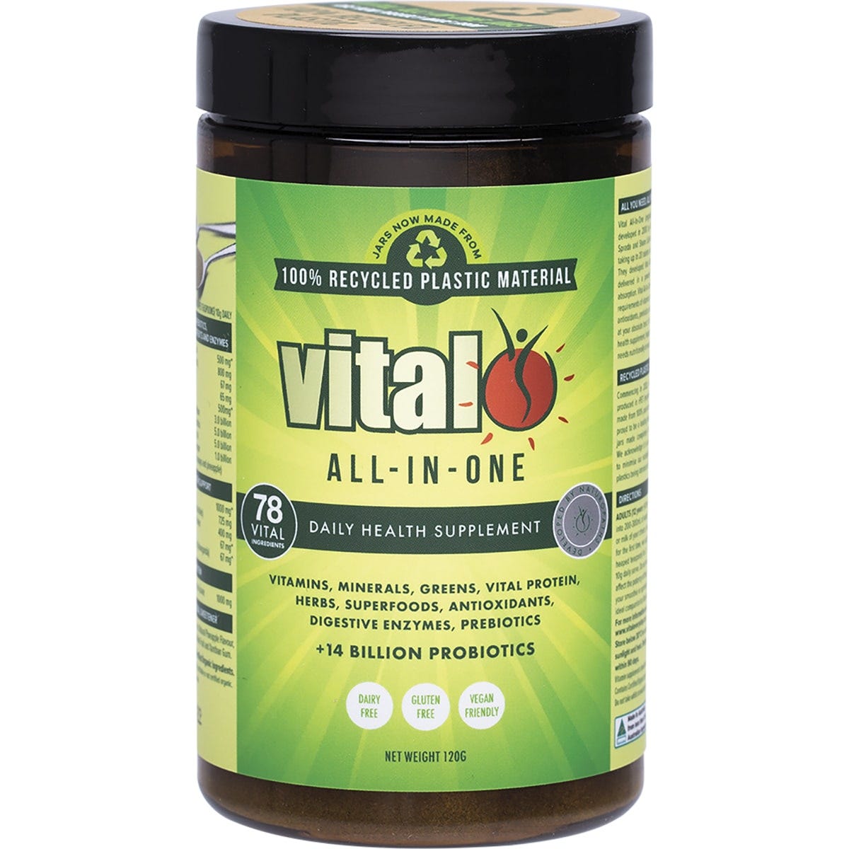 120g tub of Vital All-In-One Daily Health Supplement powder featuring a green label with botanical illustrations.