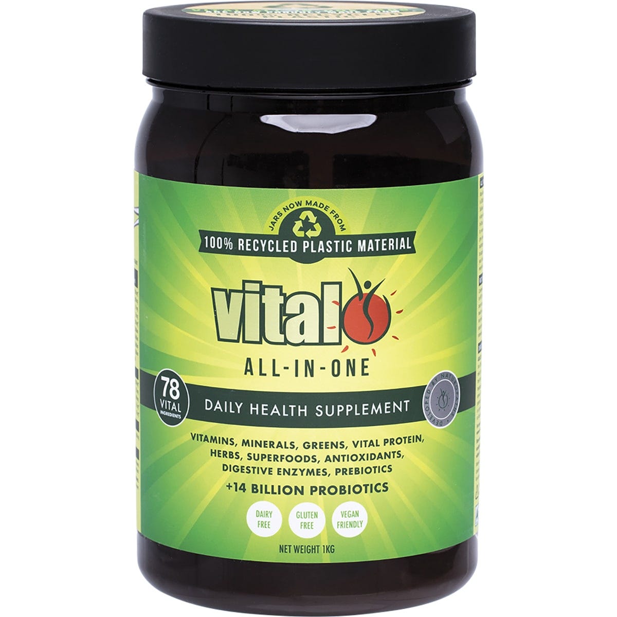 1kg tub of Martin and Pleasance Vital All-In-One daily health supplement powder with green and white labeling.