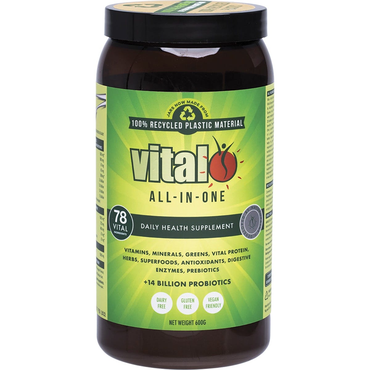 600g tub of Martin and Pleasance Vital All-In-One daily health supplement powder on a white background.