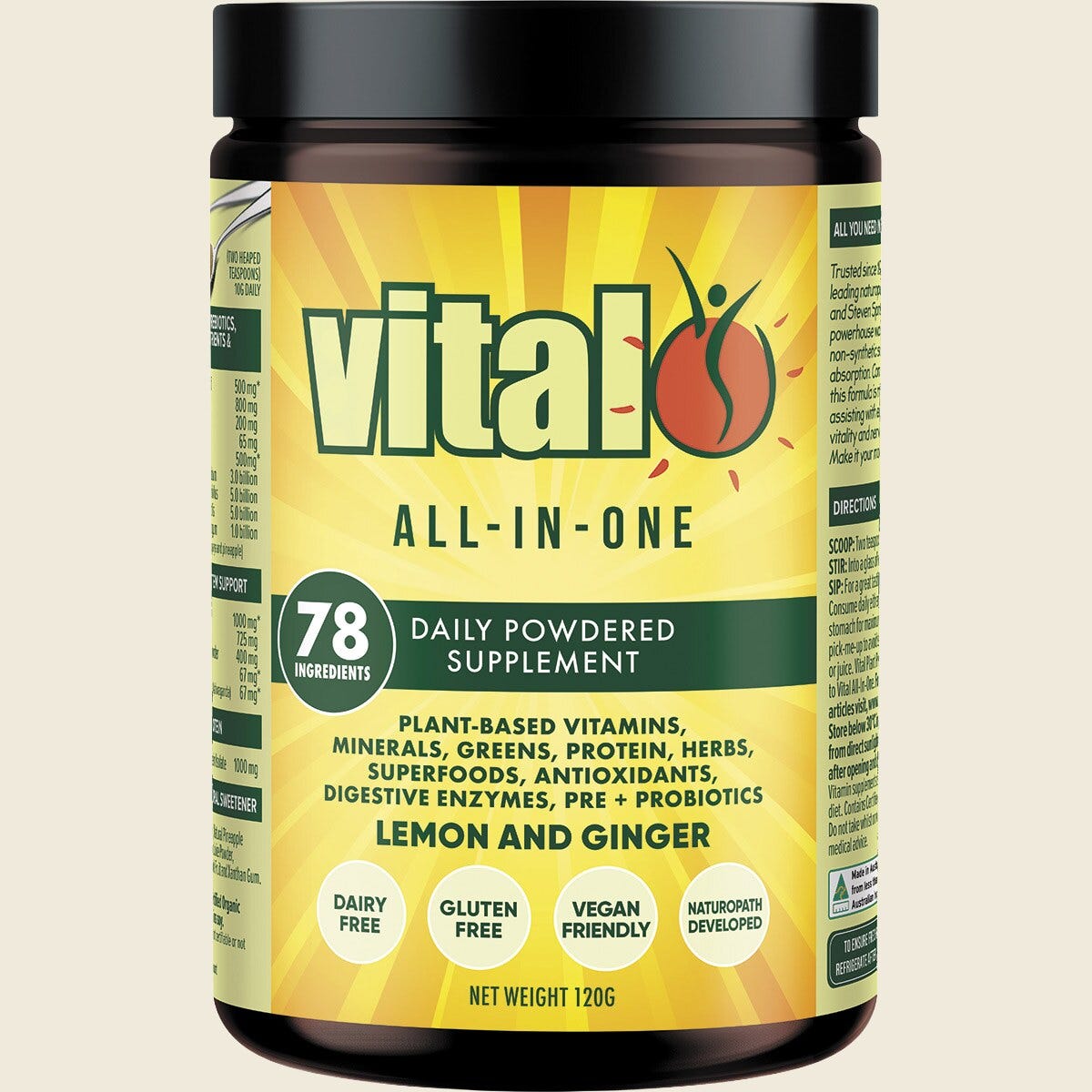 120g tub of Martin & Pleasance Vital All-In-One Lemon & Ginger daily supplement powder on a white background.